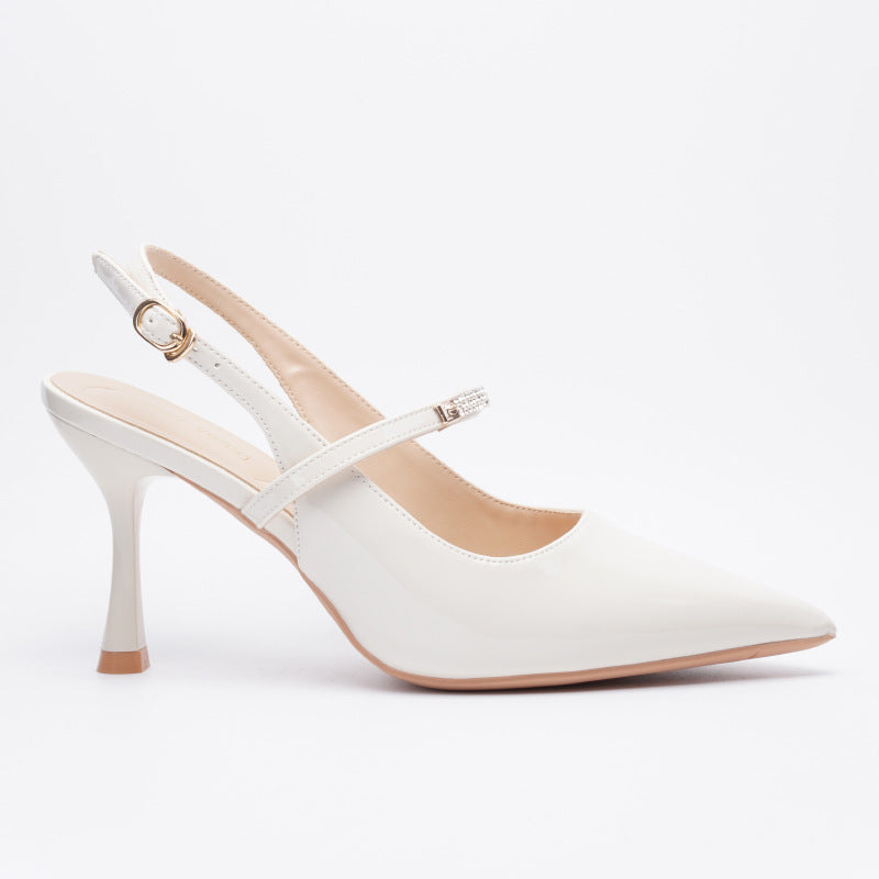 Mescini white crystal strap pointed slingback pumps, single shoe seen from the side, US women's sizes