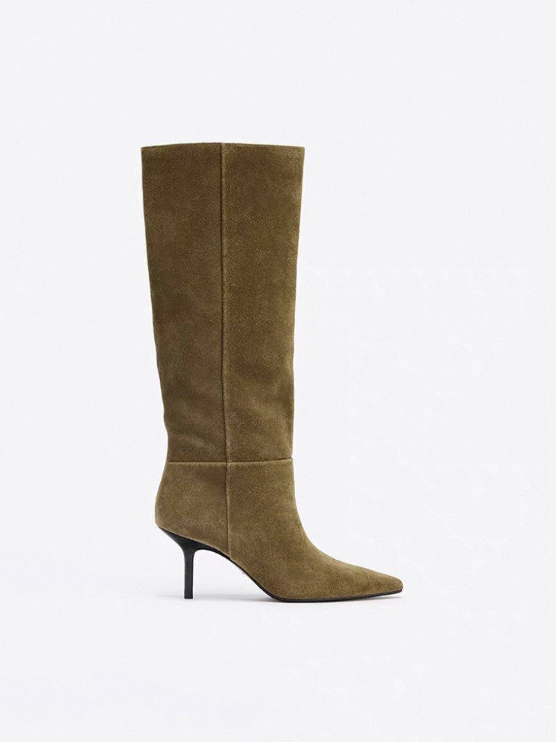 Mescini brown pointed toe wide shaft knee high boot, standing alone on white, US women's sizes