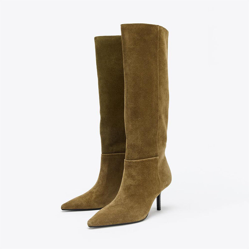 Mescini brown knee high boots, angled pair showing the pointed toe and slim stiletto heel