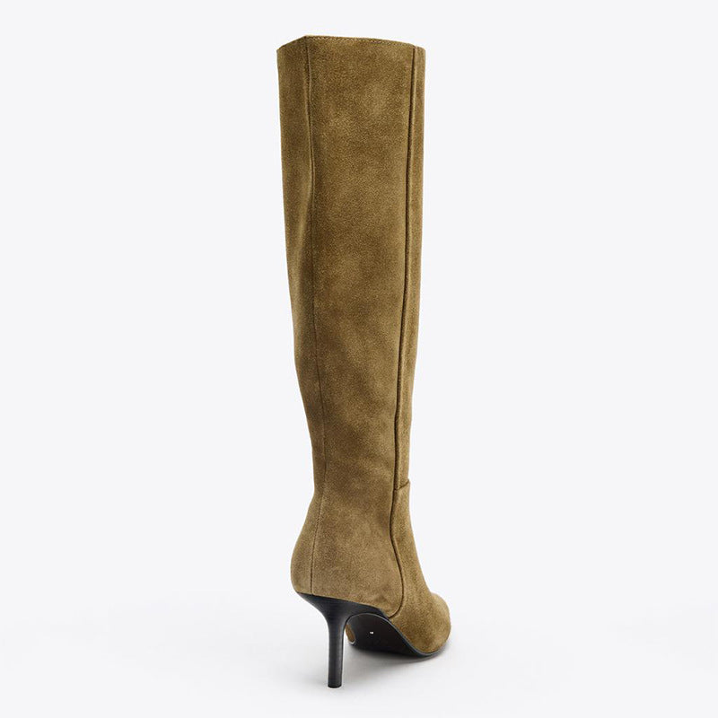 Mescini brown suede tall boots, back view of the shaft seam and slim heel, US women's sizes