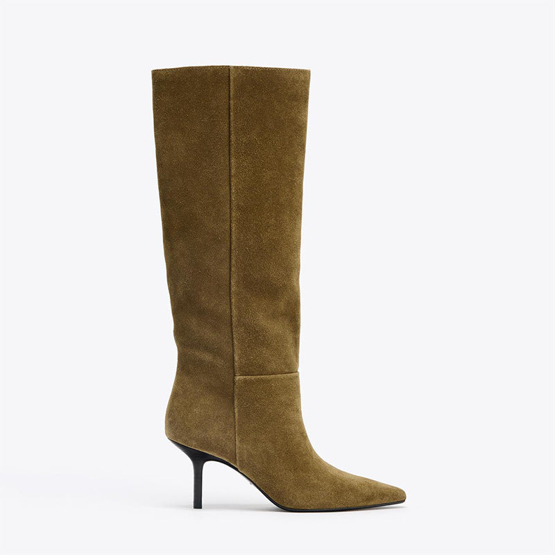 Mescini brown suede knee high boots, repeat side profile of shaft, heel and toe, US sizes