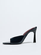 Mescini navy square open toe stiletto mules, single shoe photographed in profile, US women's sizes