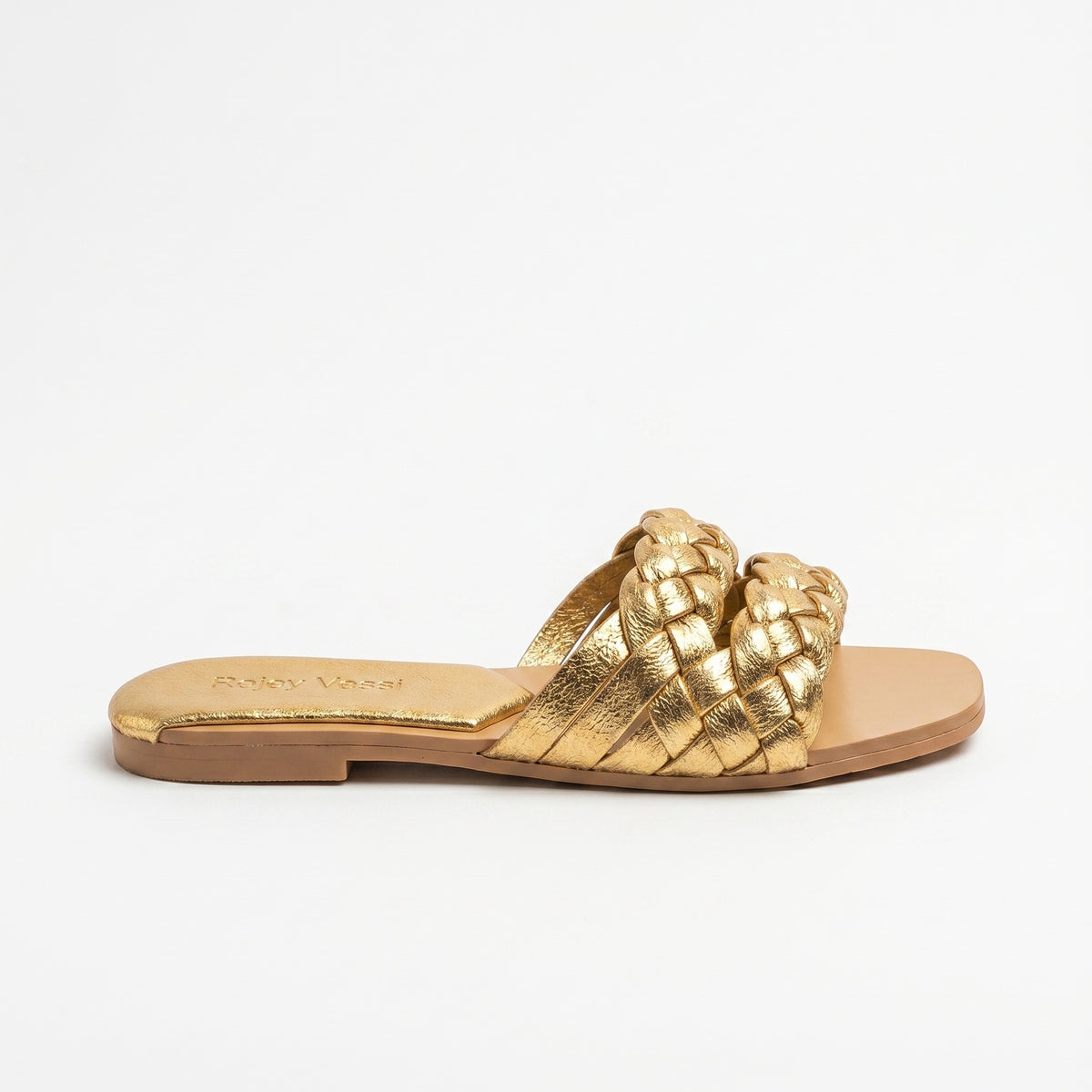 Mescini - gold braided flat slide sandal side profile on a white ground, US women's sizes