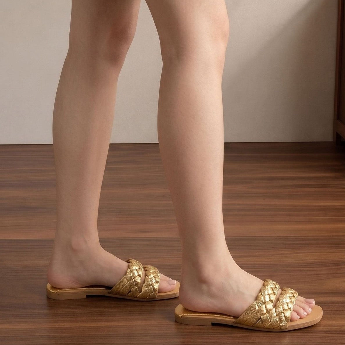Mescini - gold woven flat slides worn standing, square toe front, US women's sizes