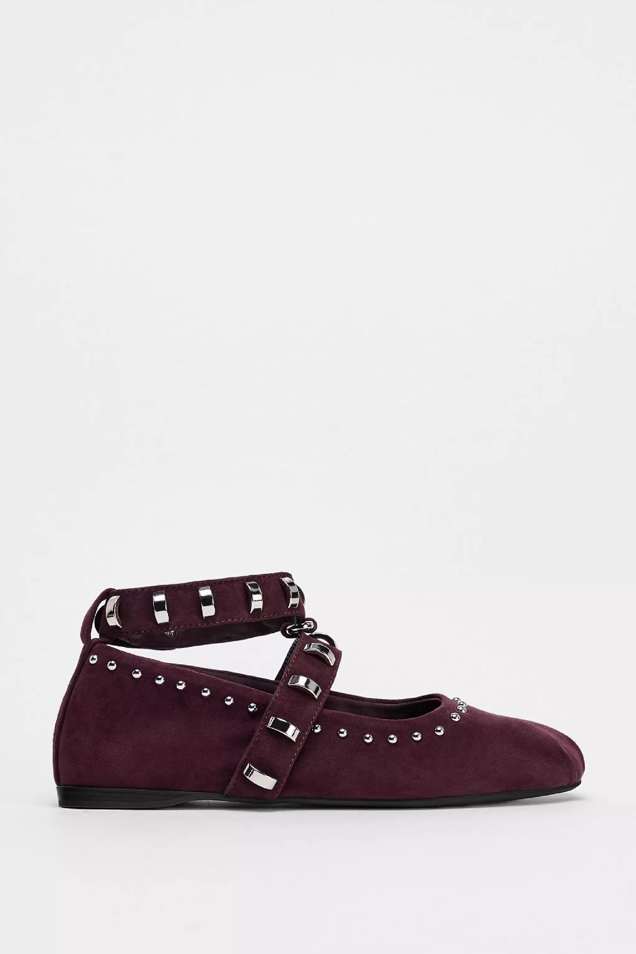 Mescini burgundy studded ankle strap mary jane flats, one shoe in side view, US women's sizes