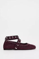 Mescini burgundy studded ankle strap mary jane flats, one shoe in side view, US women's sizes