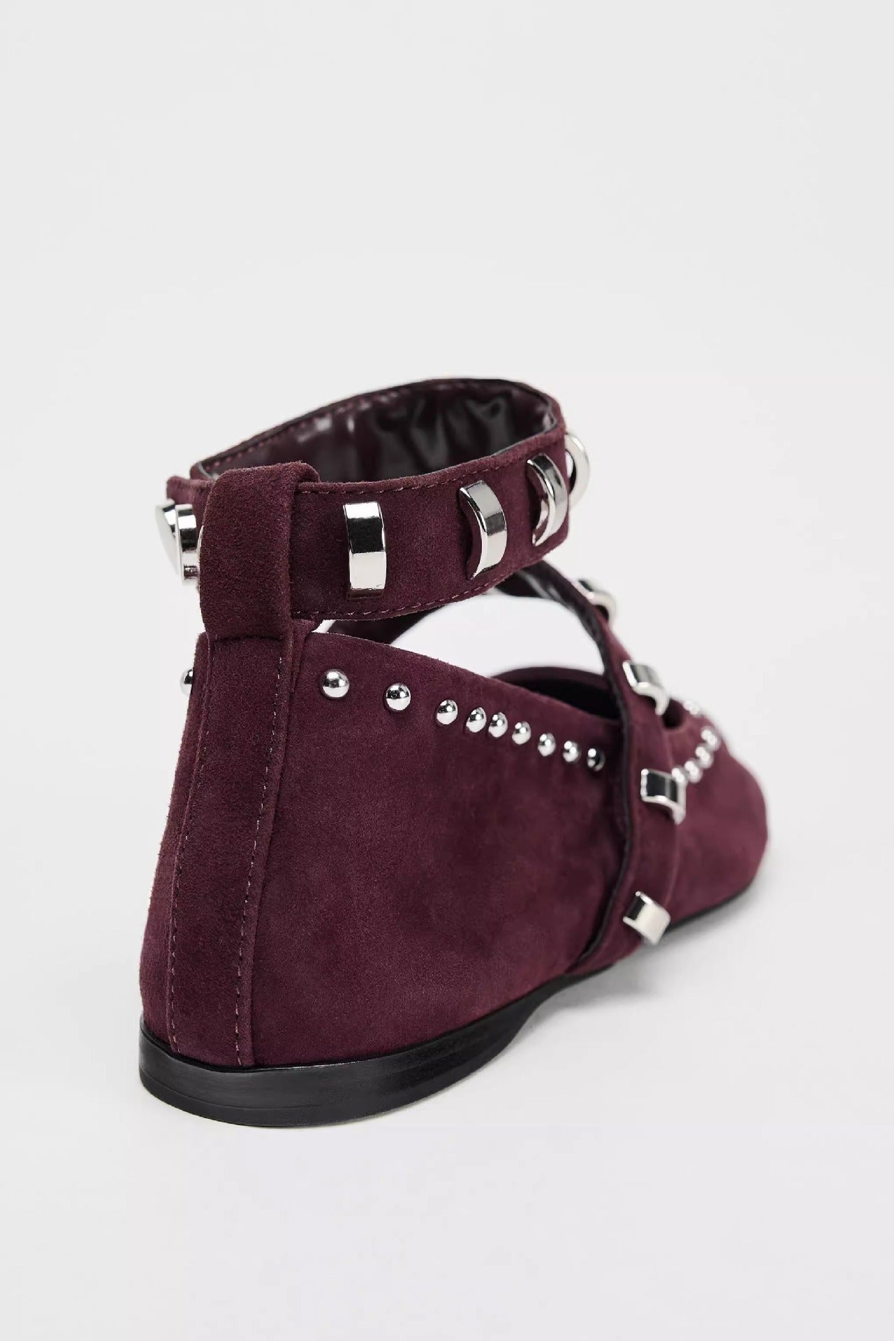 Mescini burgundy studded ankle strap mary jane flats seen from behind at an angle, US women's sizes