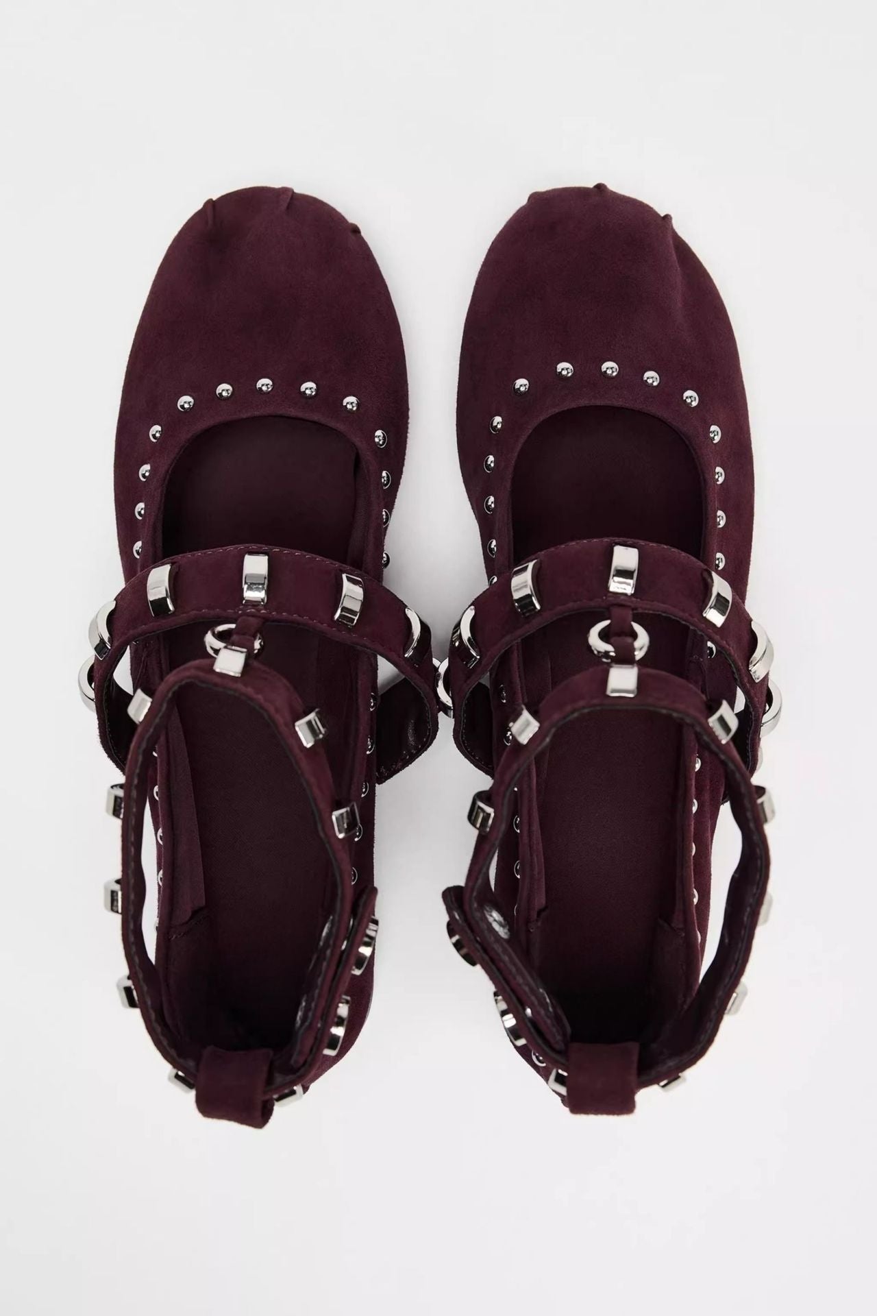 Mescini burgundy studded ankle strap mary jane flats, pair viewed from above, US women's sizes