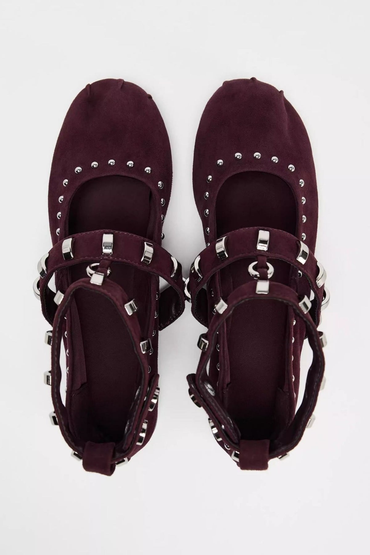Mescini burgundy studded ankle strap mary jane flats, pair viewed from above, US women's sizes