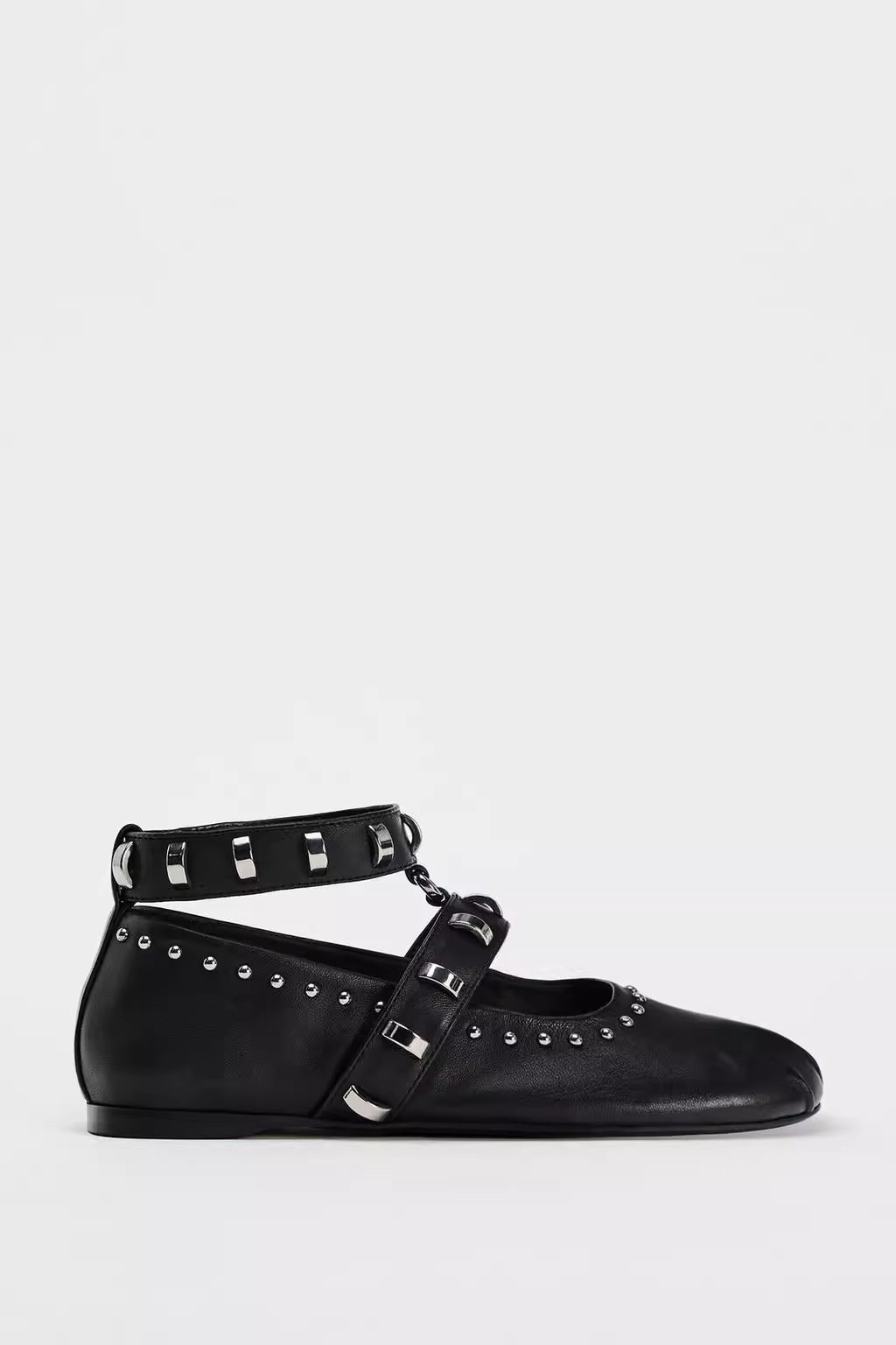 Mescini black studded ankle strap mary jane flats, single shoe in profile, US women's sizes