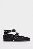 Mescini black studded ankle strap mary jane flats, single shoe in profile, US women's sizes
