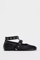 Mescini black studded ankle strap mary jane flats, single shoe in profile, US women's sizes