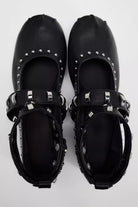 Mescini black studded ankle strap mary jane flats, pair seen from directly above, US women's sizes