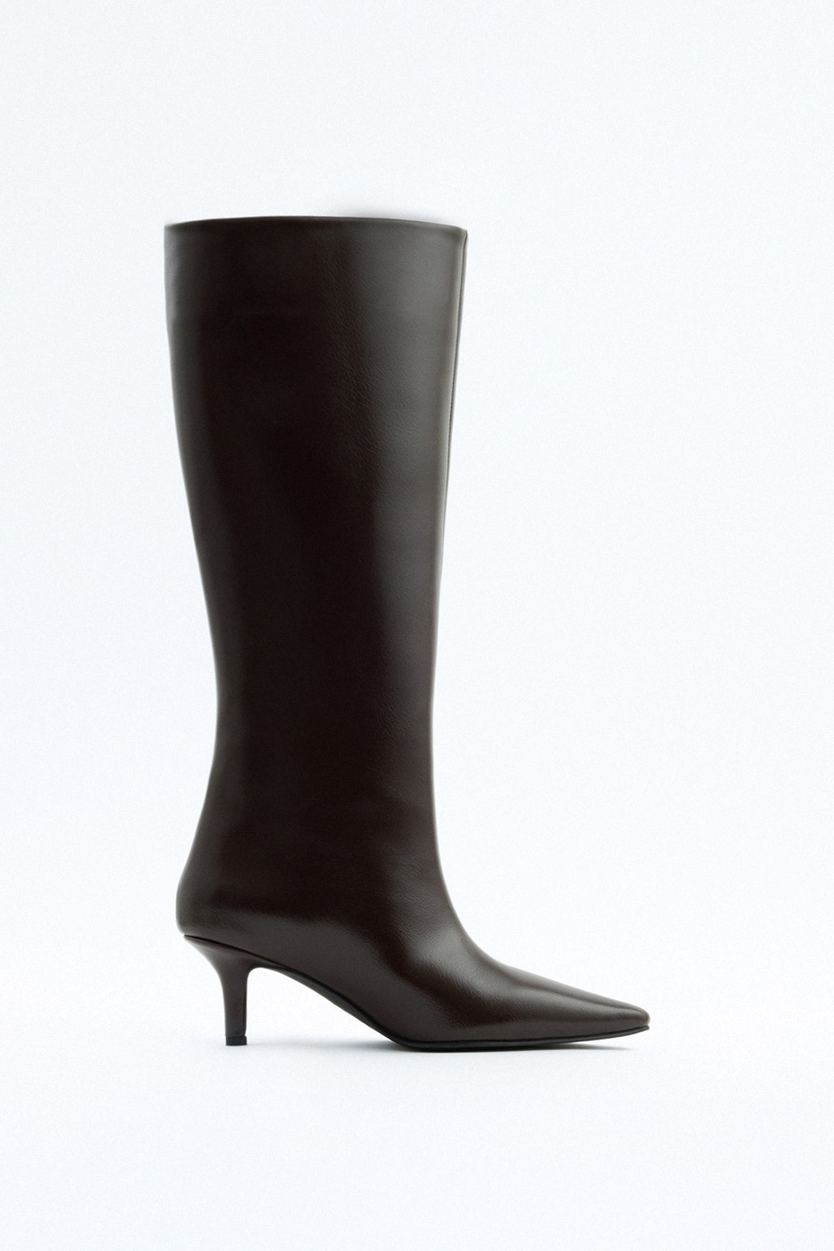 Mescini dark brown pointed toe knee high boots, full side view on a studio backdrop, US sizes