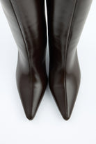Mescini dark brown pointed toe knee high boots, pointed toes seen from above, US sizes