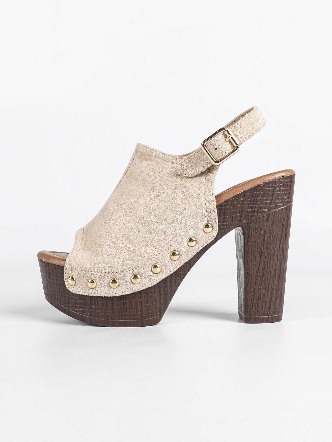Mescini apricot studded platform slingback sandals, side view of one shoe, US women's sizes