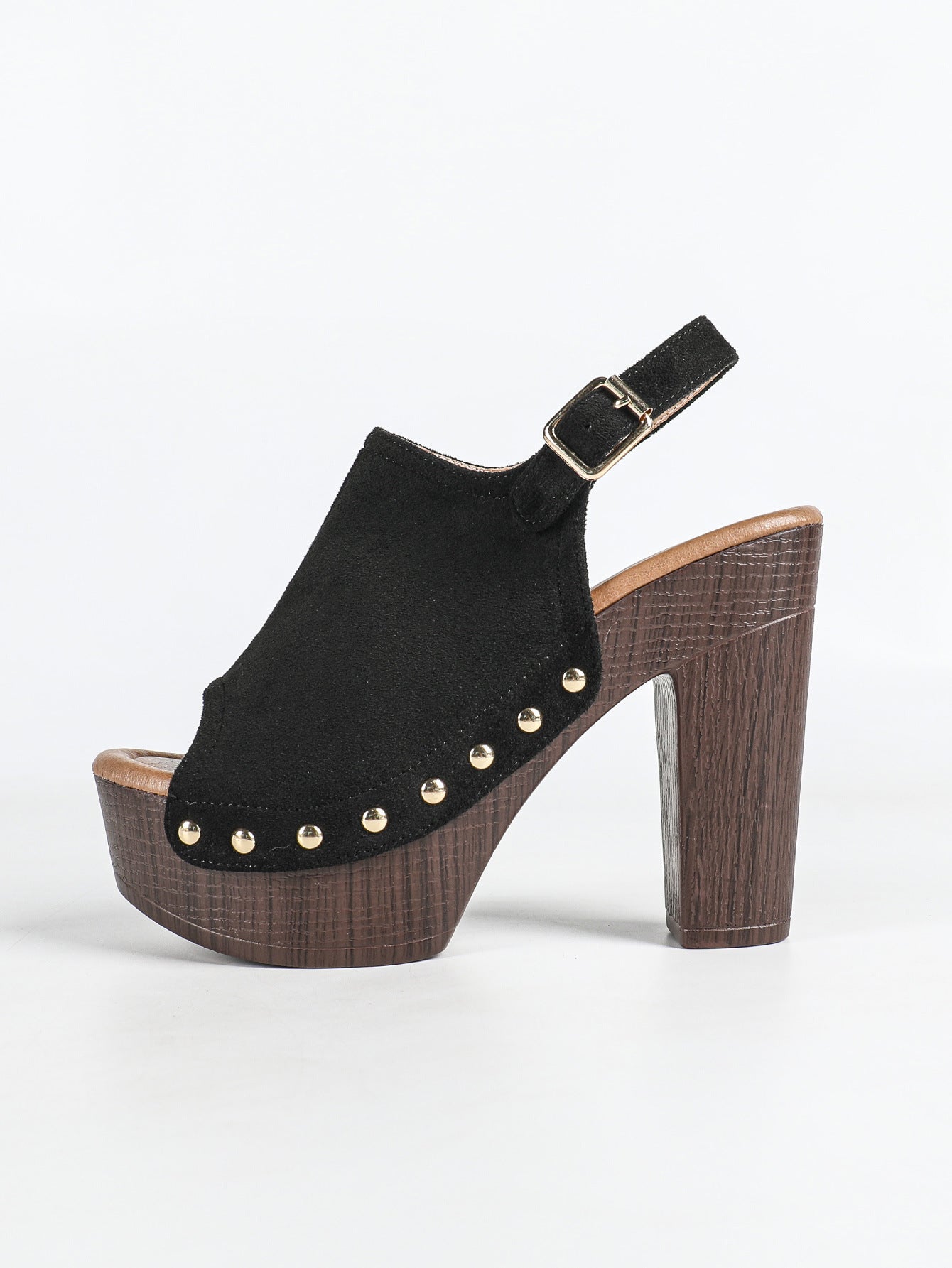 Mescini black studded platform slingback sandals, side view of one shoe on white, US women's sizes