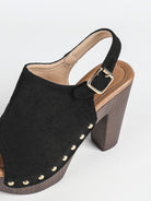 Mescini black studded platform slingback sandals, close up of the gold stud trim, US women's sizes