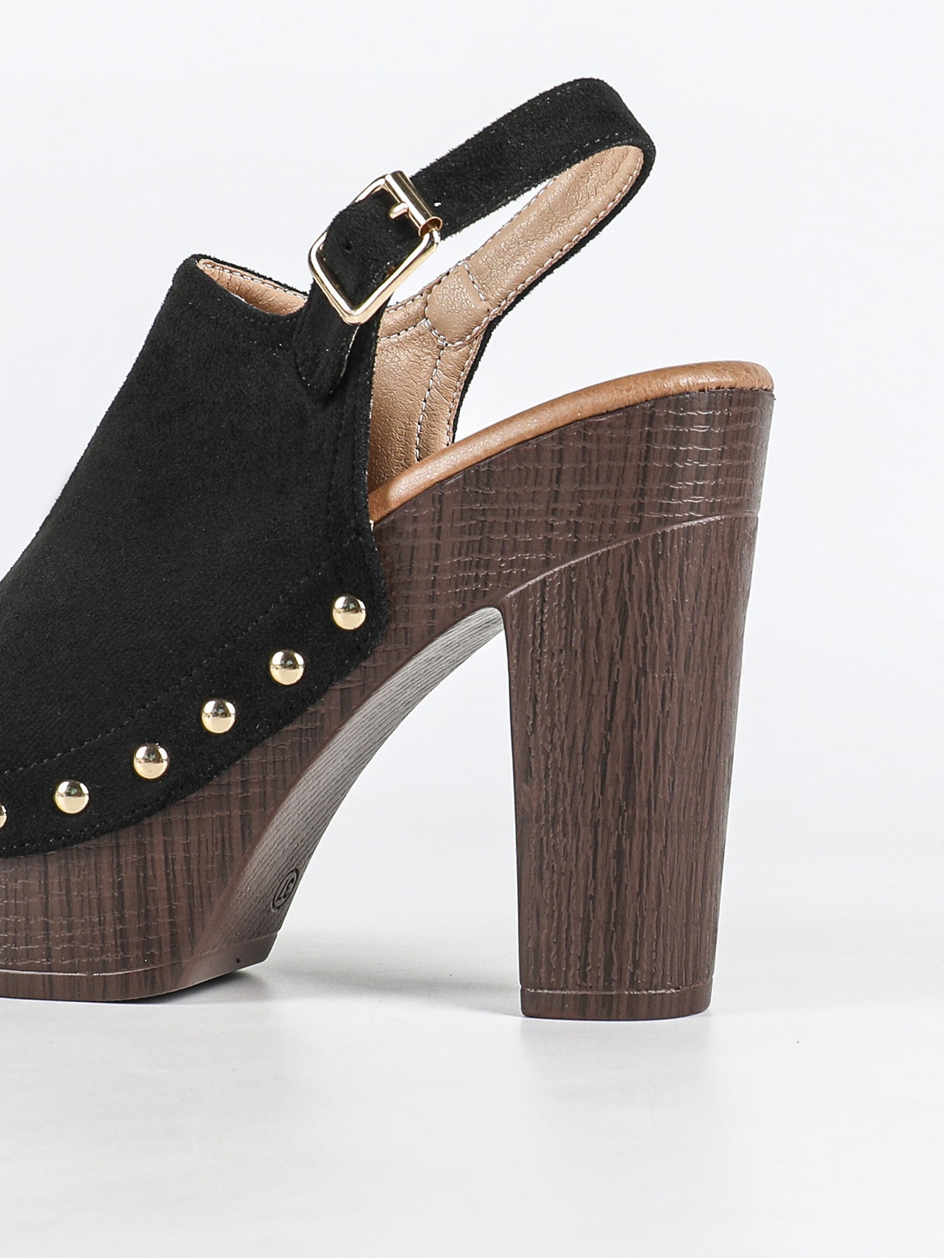 Mescini black studded platform slingback sandals, rear angle with the wooden heel, US women's sizes