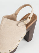 Mescini apricot studded platform slingback sandals, close up of the gold stud trim, US women's sizes