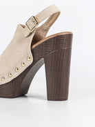 Mescini apricot studded platform slingback sandals, rear angle with the wooden heel, US women's sizes