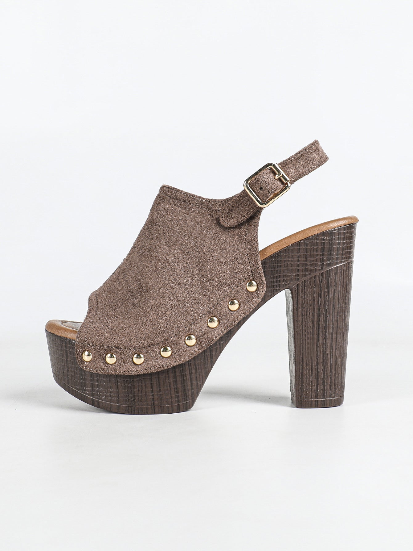 Mescini brown studded platform slingback sandals, side view of one shoe on white, US women's sizes