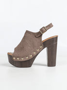 Mescini brown studded platform slingback sandals, side view of one shoe on white, US women's sizes