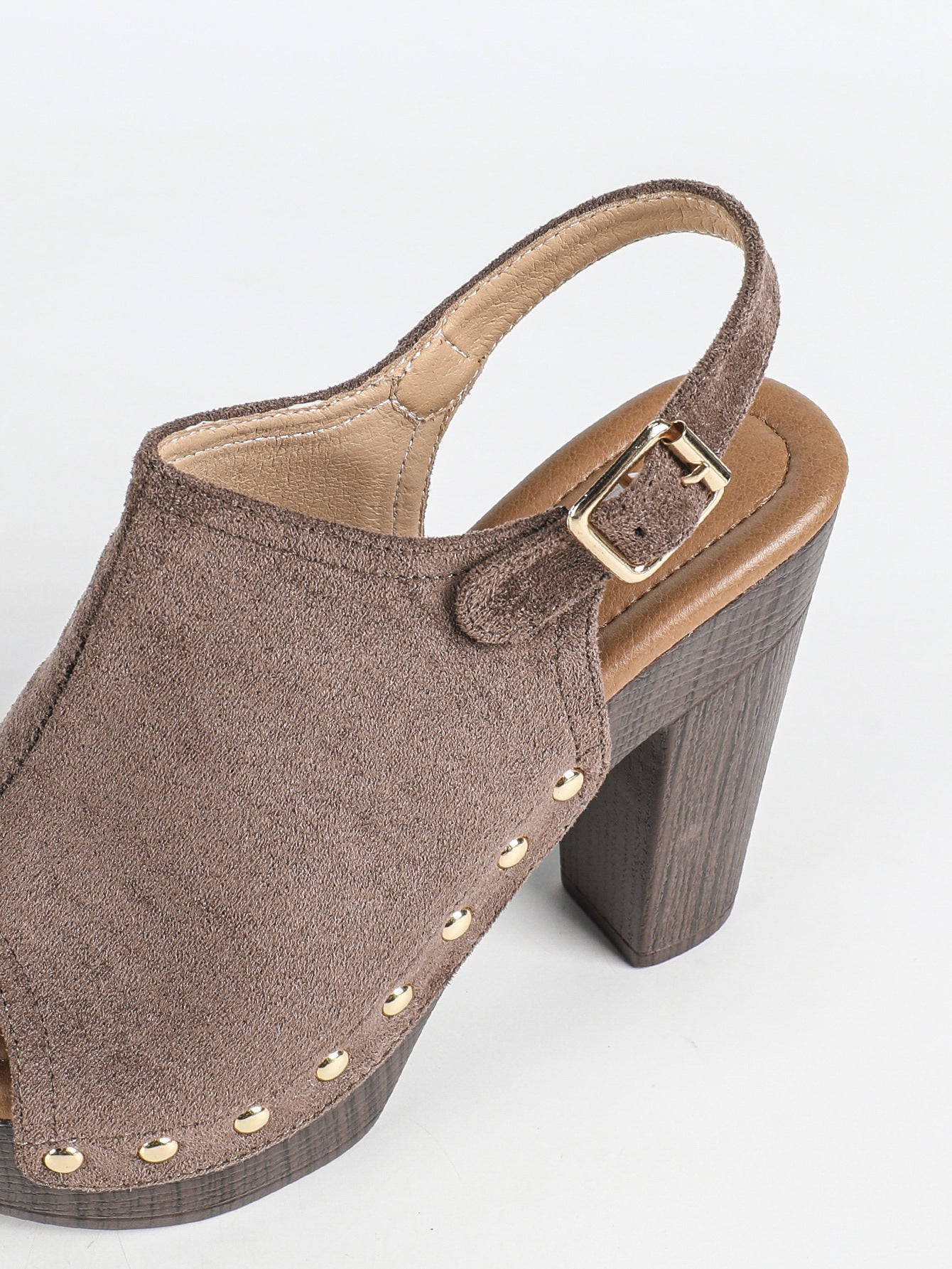 Mescini brown studded platform slingback sandals, close up of the gold stud trim, US women's sizes