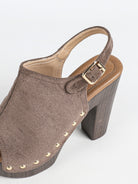 Mescini brown studded platform slingback sandals, close up of the gold stud trim, US women's sizes