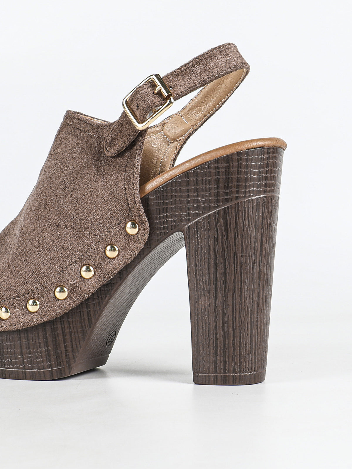 Mescini brown studded platform slingback sandals, rear angle with the wooden heel, US women's sizes