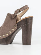 Mescini brown studded platform slingback sandals, rear angle with the wooden heel, US women's sizes