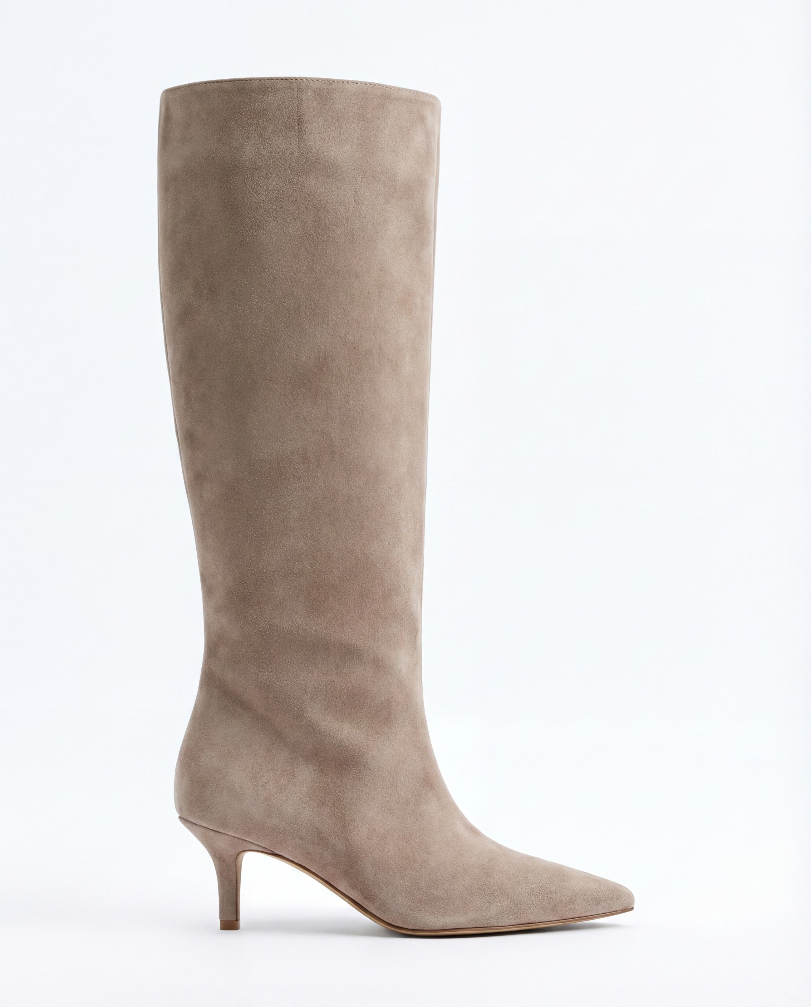 Mescini beige suede knee high boots, full side view on a studio backdrop, US sizes