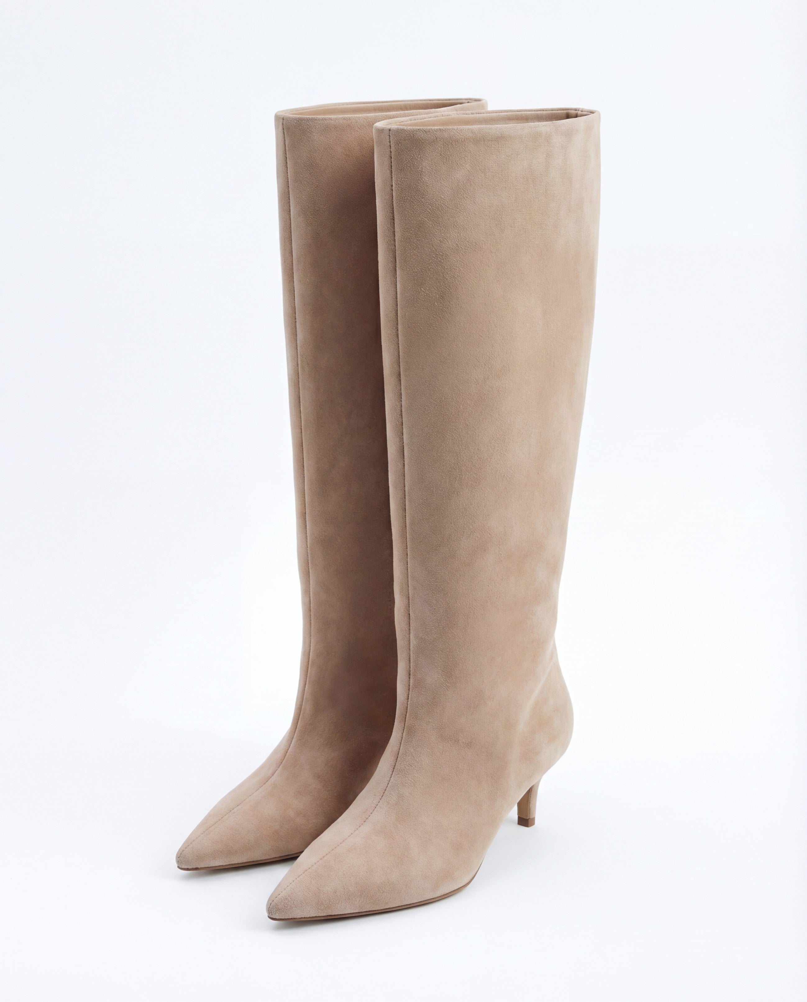 Mescini beige suede knee high boots, angled pair view on a pale floor, US size guide