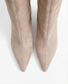 Mescini beige suede knee high boots, pointed toes seen from above, US size guide