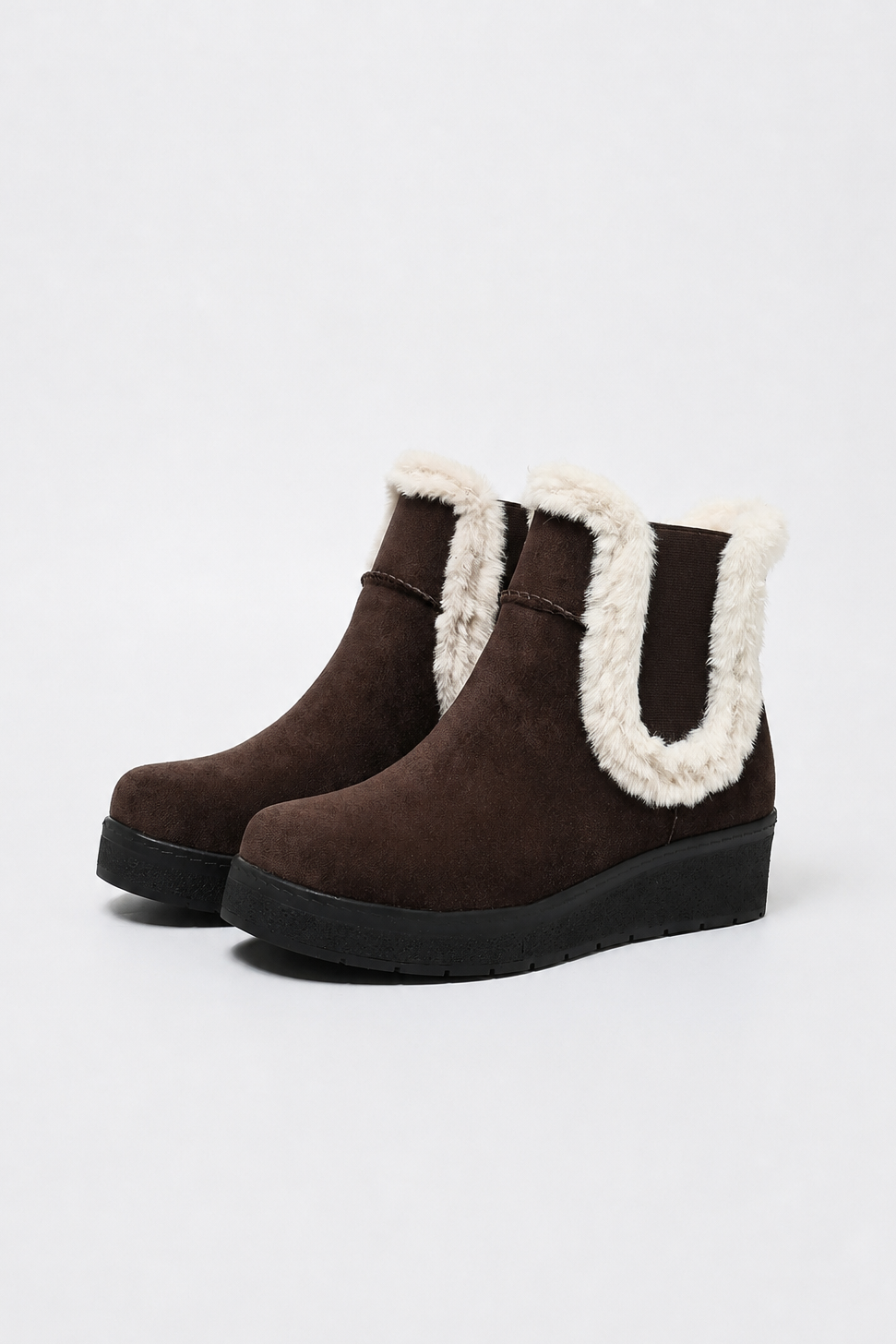 Mescini brown fur trim wedge winter ankle boots, pair angled on a white background, US women's sizes
