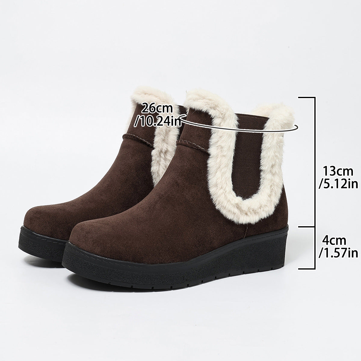 Mescini brown fur trim wedge winter ankle boots, diagram with shaft and sole measurements, US women's sizes