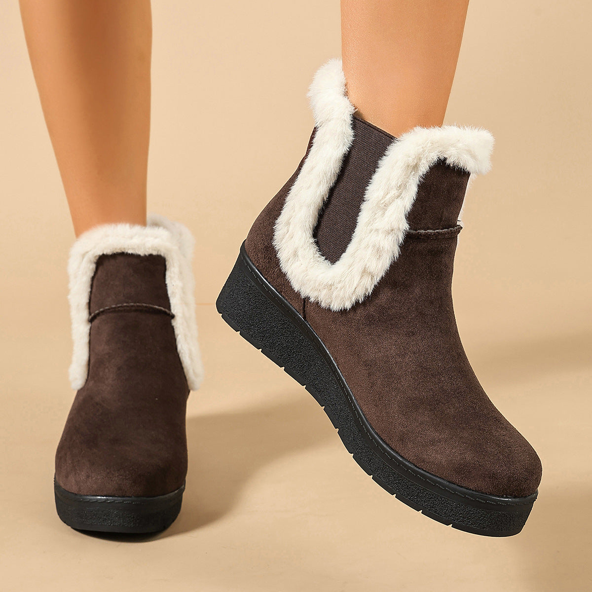 Mescini - brown wedge platform booties on model, close view of the fur collar and gore