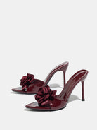 Mescini – Burgundy rose pointed toe stiletto mules, angled studio pair, US women's sizes