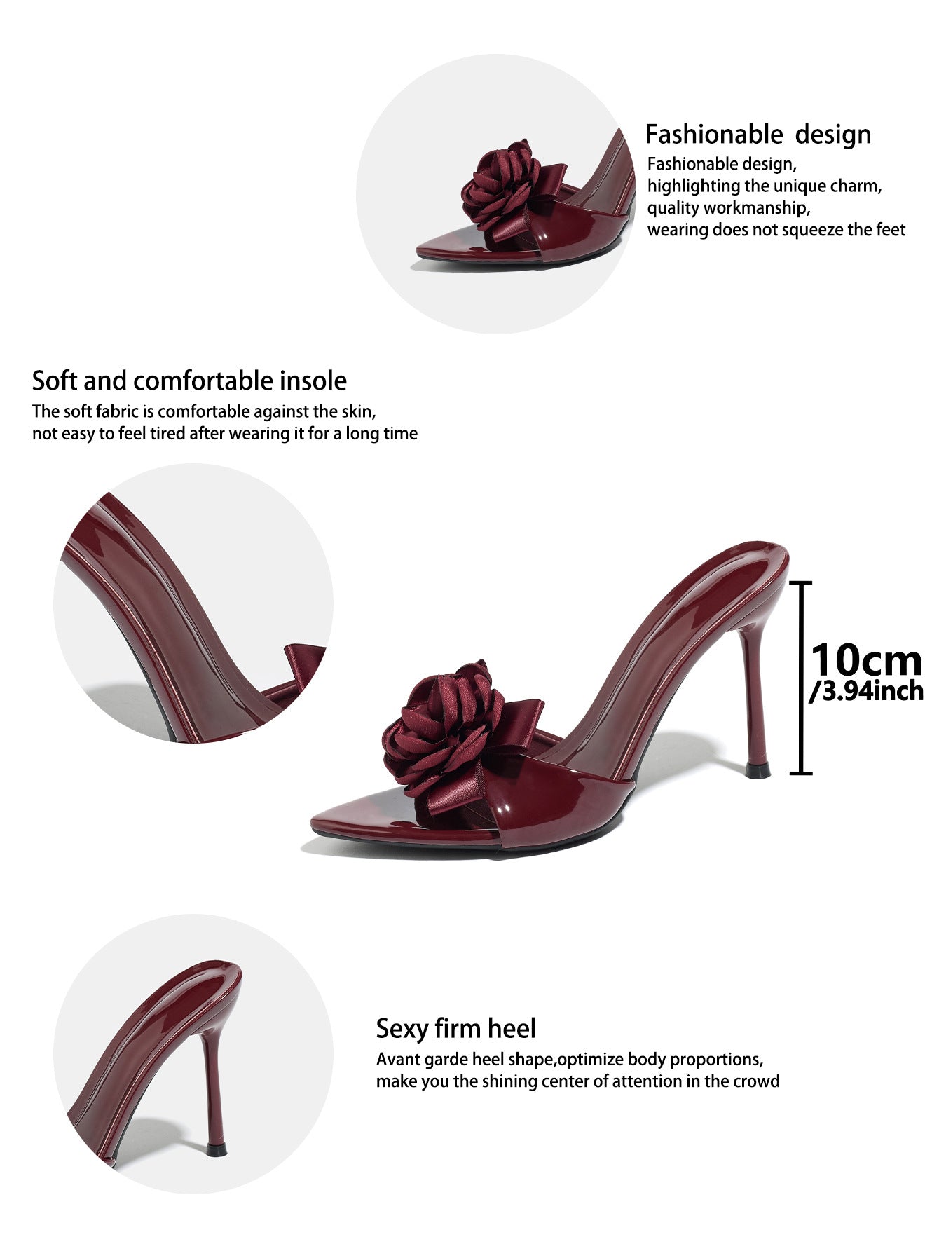 Mescini – Burgundy rose stiletto mule, supplier spec sheet with 10 cm heel, US women's sizes