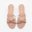 Mescini pink bow open toe kitten heel mules, pair seen from directly above, US women's sizes