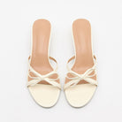 Mescini white bow open toe kitten heel mules, pair seen from directly above, US women's sizes