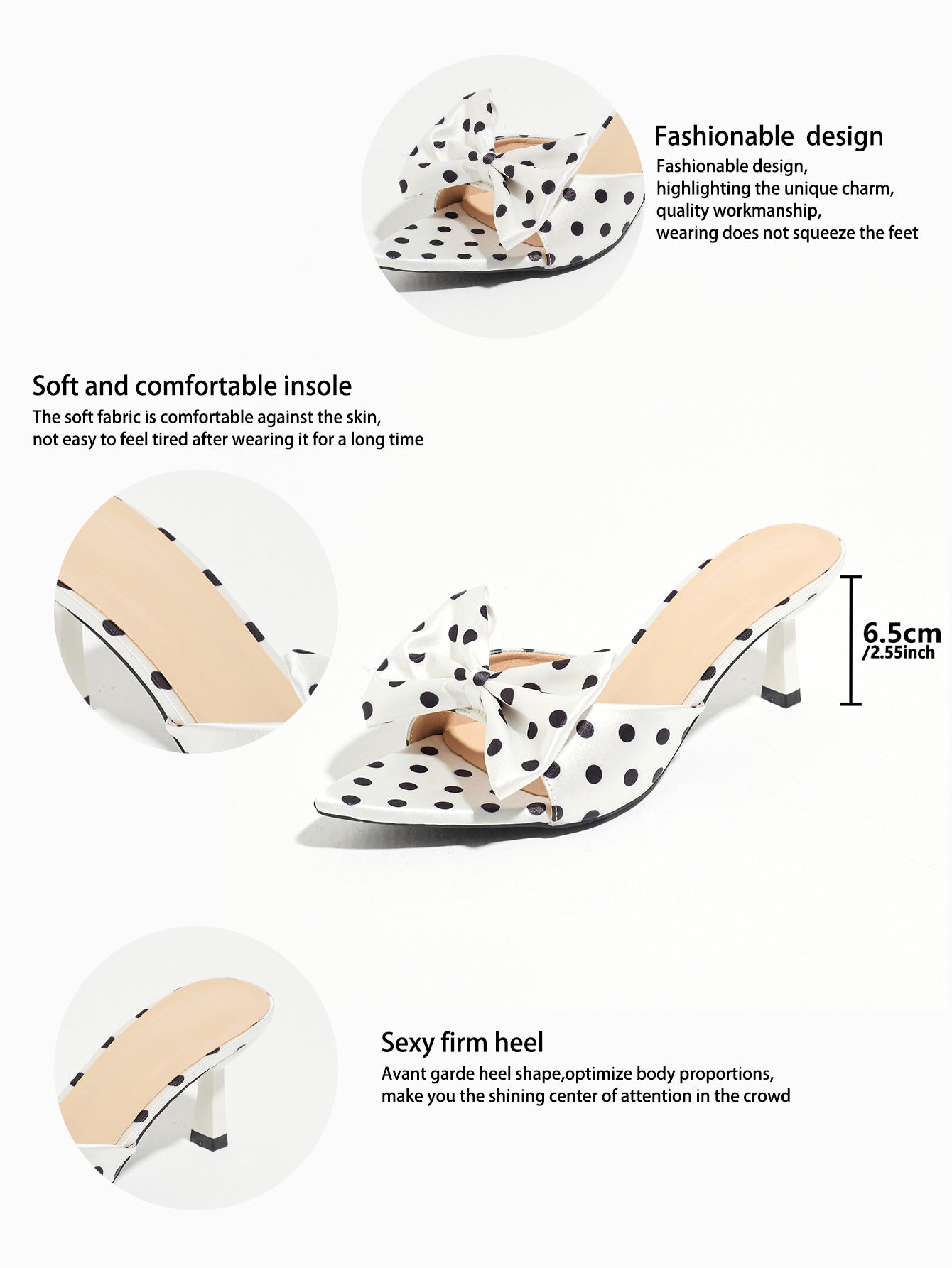 Mescini white polka dot bow pointed mule heels, product graphic with design callouts, US women's sizes