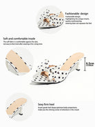 Mescini white polka dot bow pointed mule heels, product graphic with design callouts, US women's sizes