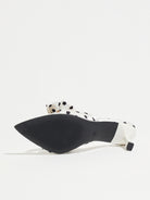 Mescini white polka dot bow pointed mule heels, underside view showing the black sole, US women's sizes