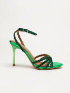 Mescini green rhinestone strappy stiletto sandals, one shoe shown at a three quarter angle, US women's sizes