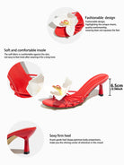 Mescini red orchid bloom strappy heeled mules, feature graphic with 6.5 cm height, US women's sizes