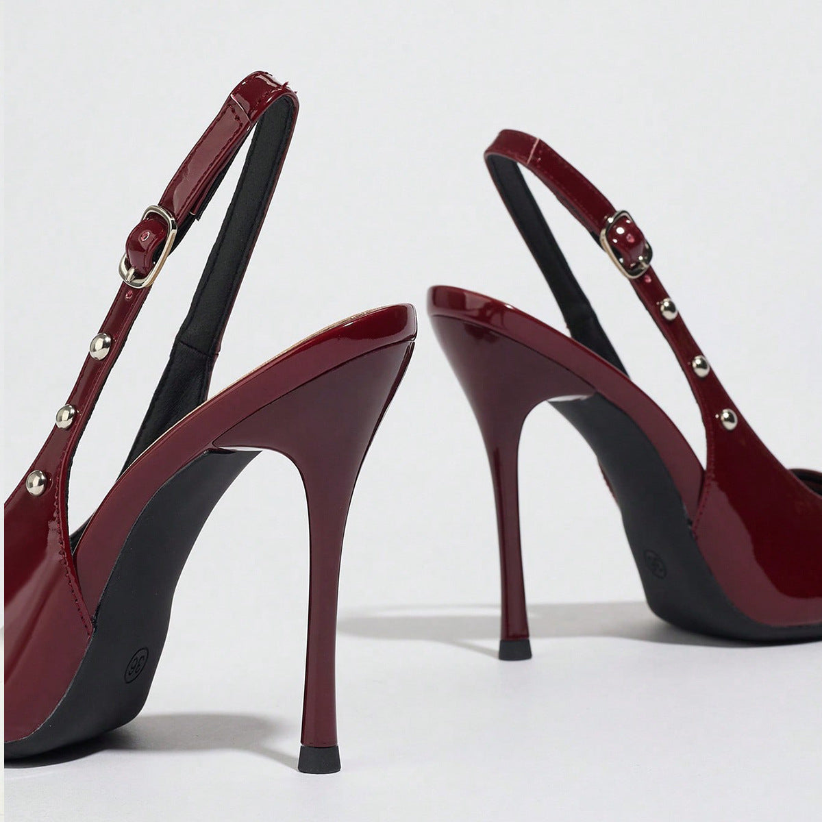 Mescini - Burgundy studded slingback stiletto heels, back view of the slings, US women's sizes