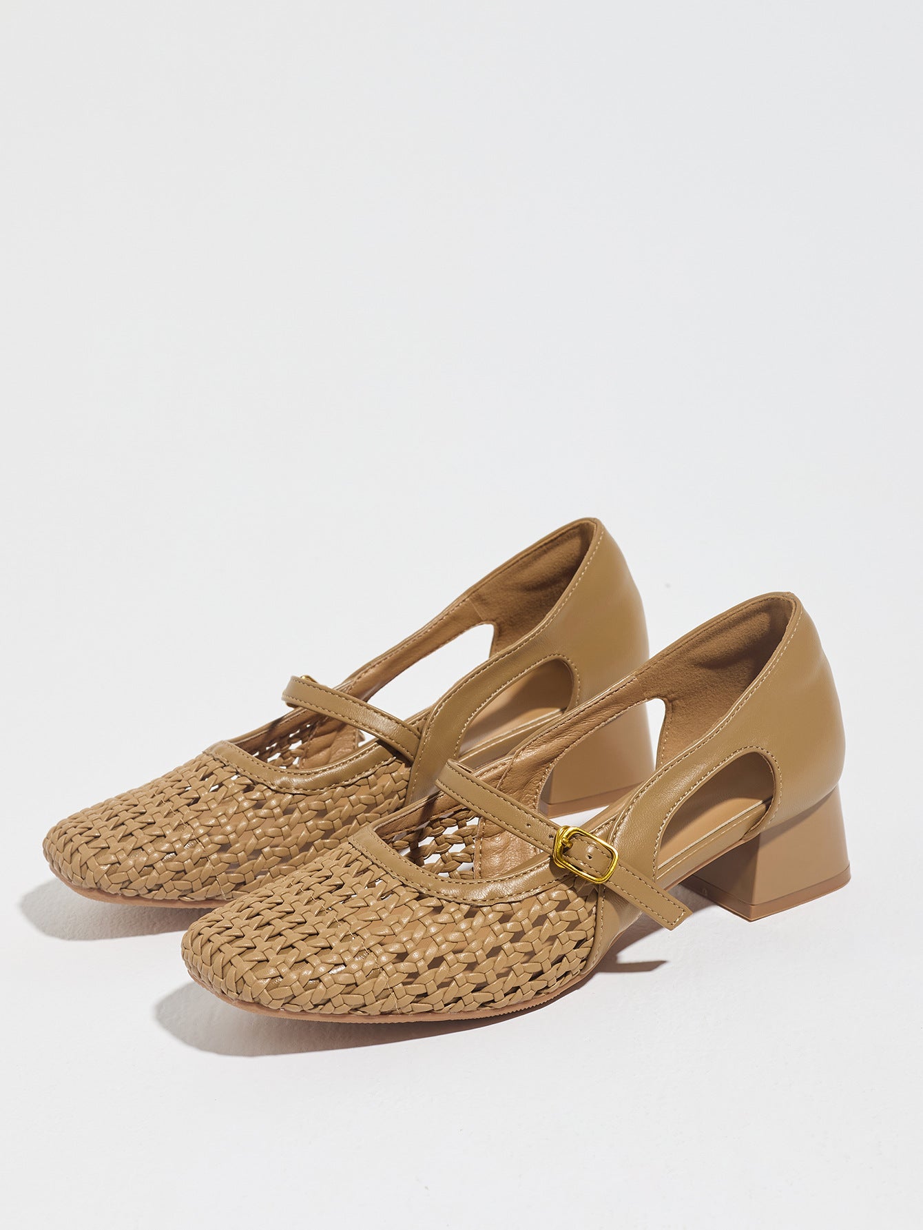 Mescini taupe woven square toe mary jane heels, pair angled towards the camera, US women's sizes