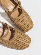 Mescini taupe woven square toe mary jane heels, close crop of the upper and strap, US women's sizes