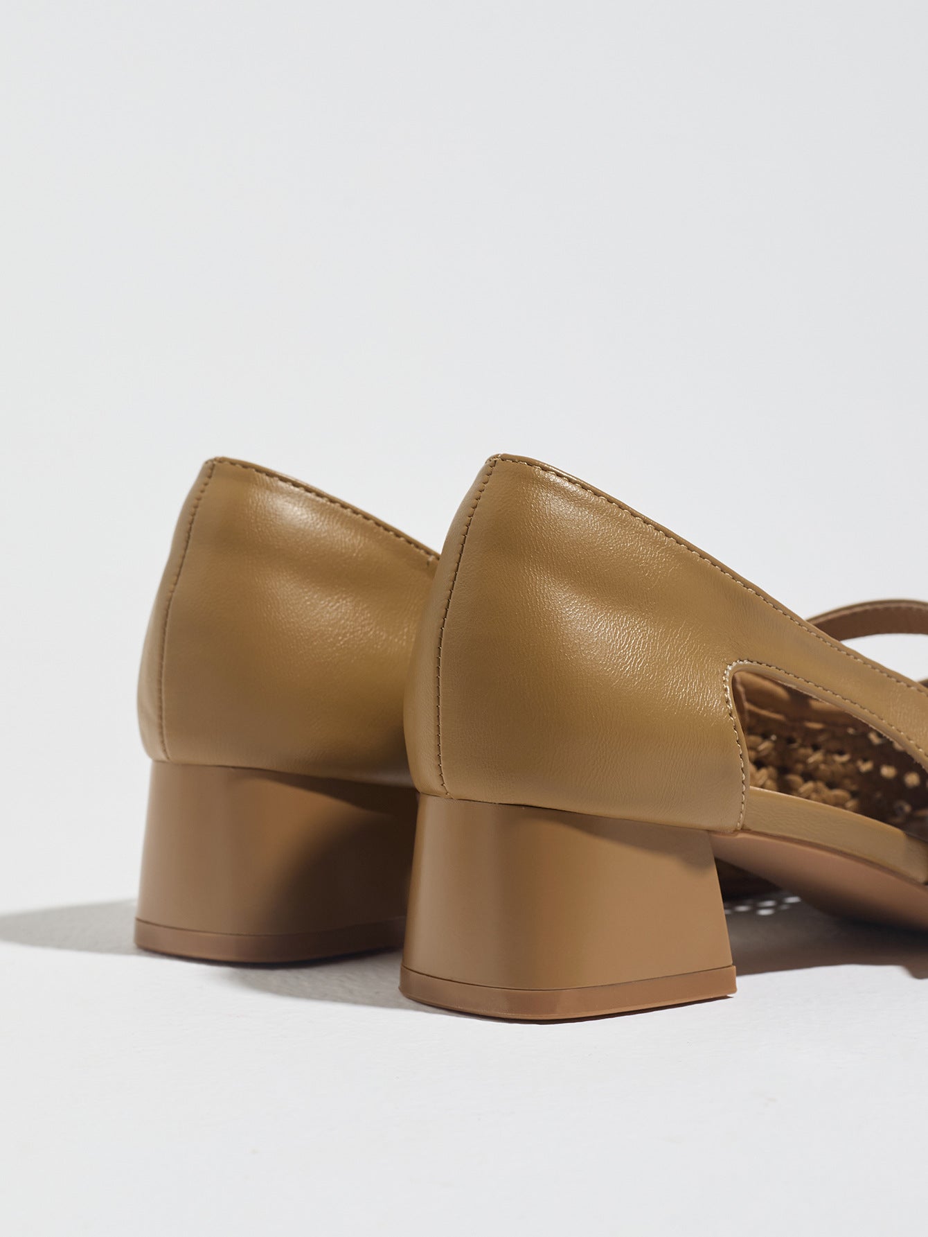 Mescini taupe woven square toe mary jane heels, back view of the stacked block, US women's sizes